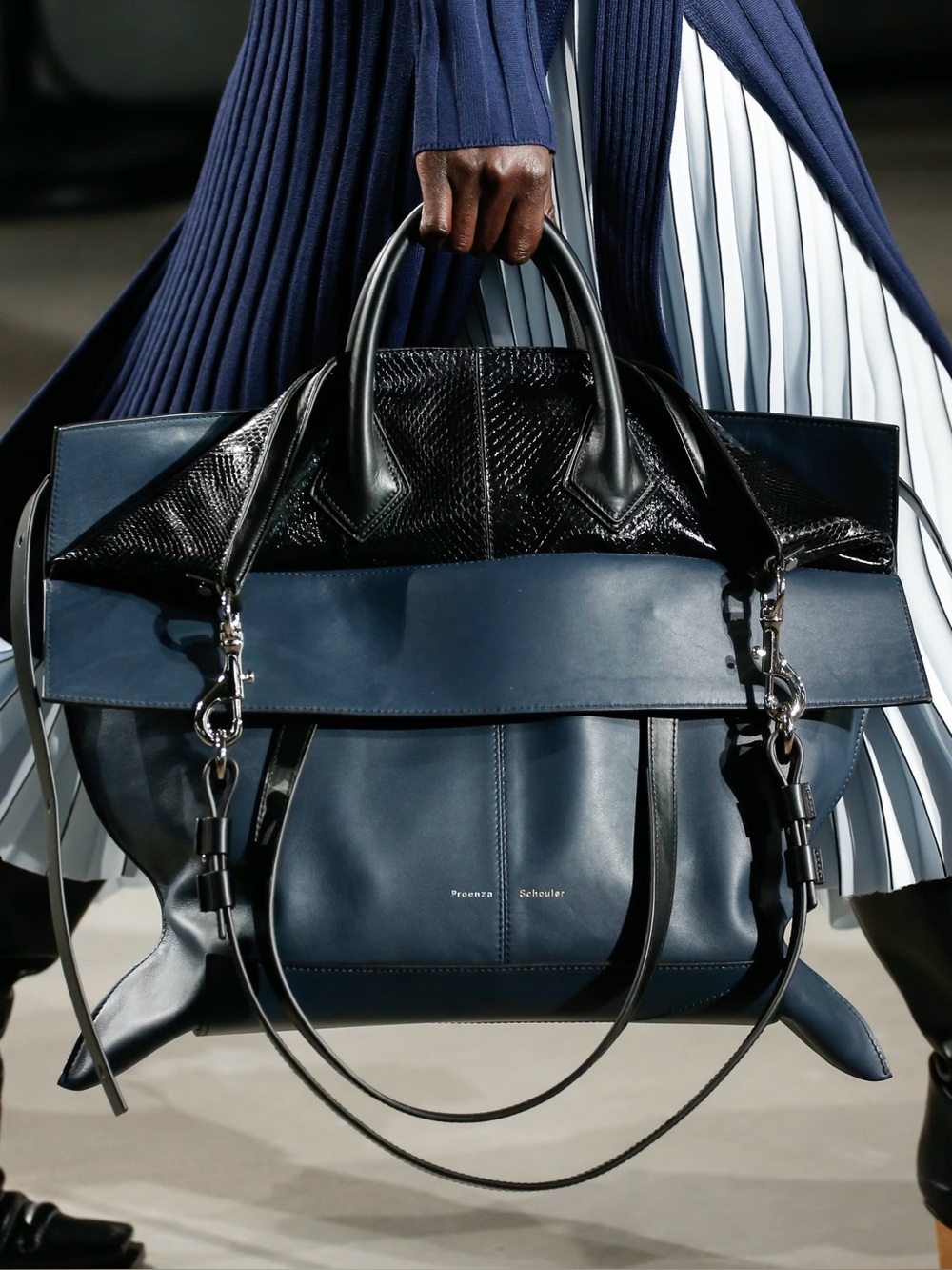 PROENZA SCHOULER LARGE PS19 BLUE LEATHER AND BLACK ELAPHE SNAKESKIN TOTE BAG